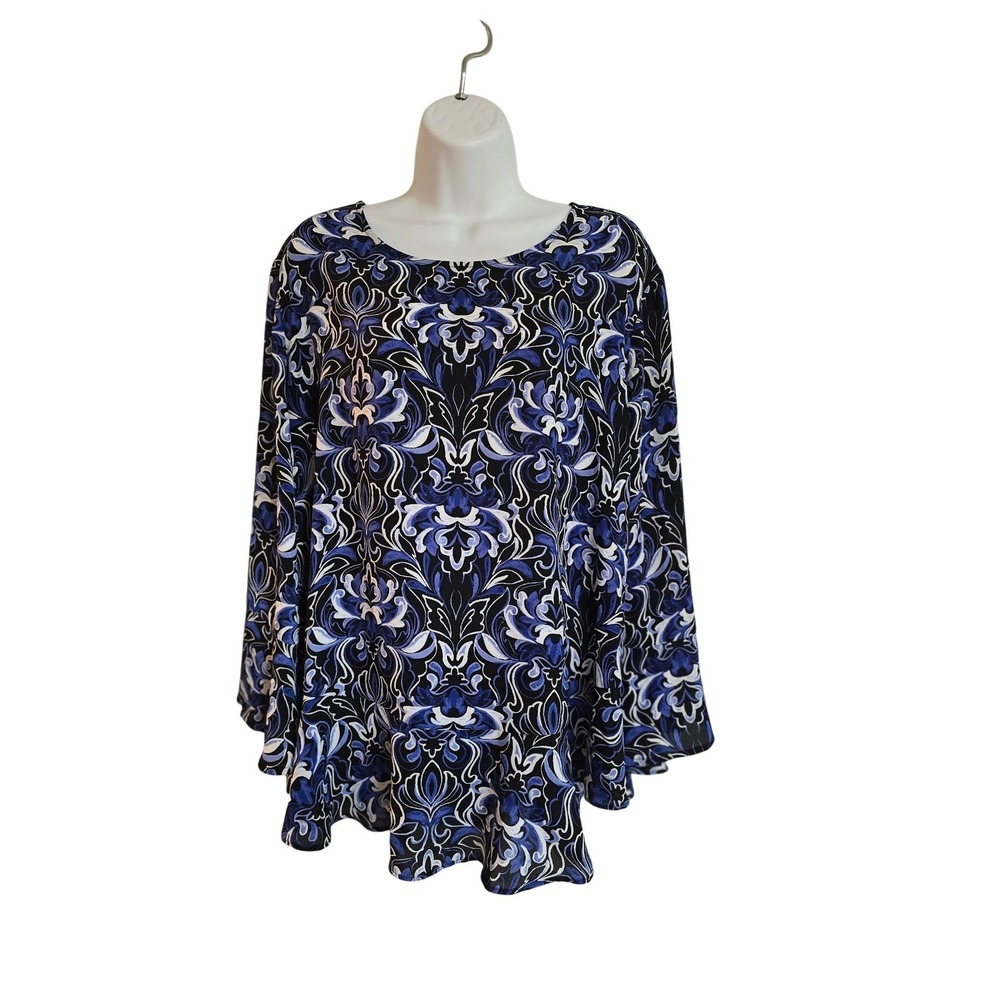 Charter Club Womens Plus Size XL Blue Black Floral Print Long Sleeve Tunic /0221